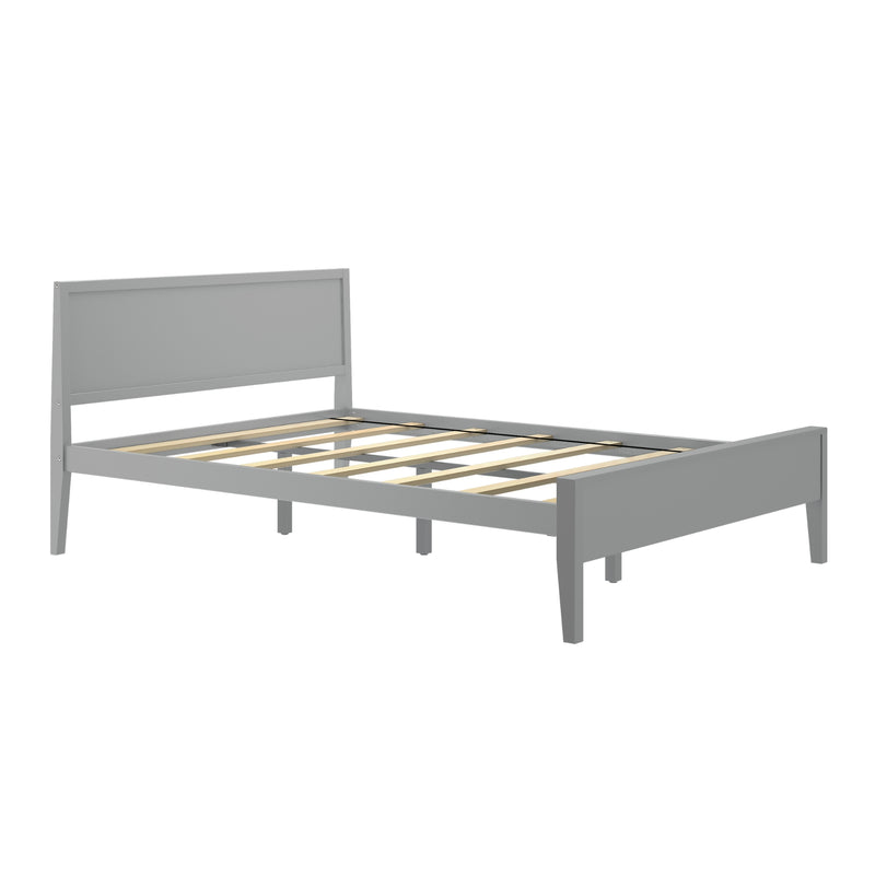 Modern gray wooden platform bed frame with slatted base and rectangular headboard, minimalist low-profile bedroom furniture
