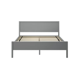 Gray wooden bed frame with slatted support and modern design.