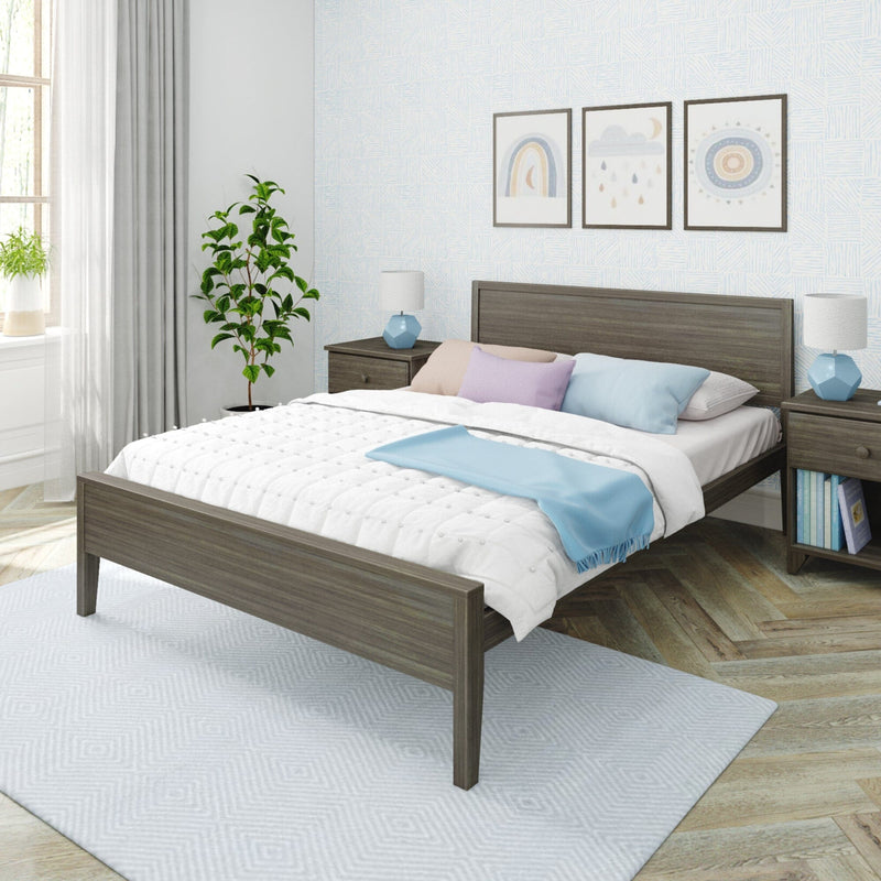 Modern bedroom with gray wood bed, white quilt, pastel pillows and blue throw, nightstands, framed wall art and potted plant