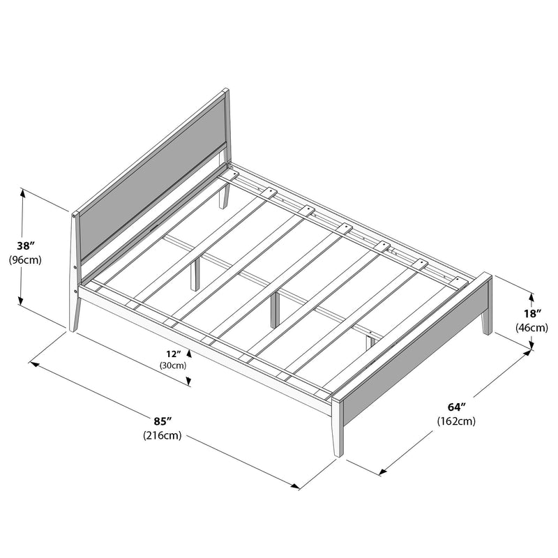 Queen-size wooden slatted platform bed frame assembly diagram showing headboard, footboard, center support and slat layout with dimensions 85 in (216 cm) length × 64 in (162 cm) width, headboard 38 in (96 cm) high, footboard 18 in (46 cm) high and 12 in (30 cm) internal clearance