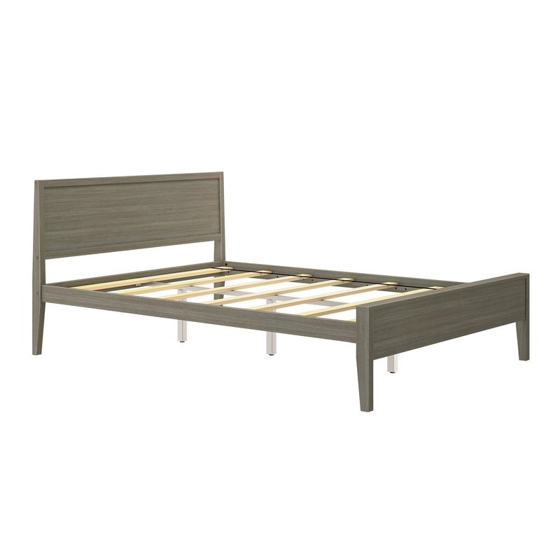 Gray wood platform bed frame with panel headboard, slatted wooden mattress support and metal center support legs