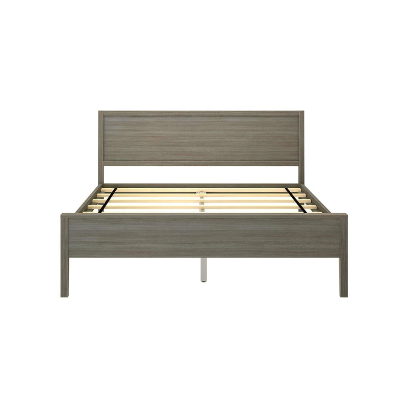 Gray oak wood platform bed frame with rectangular headboard and wooden slatted base, modern farmhouse-style frame shown without mattress