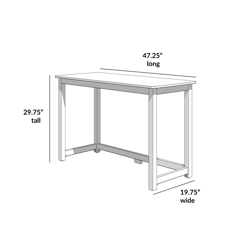 Assembly diagram of a wooden counter-height table with four legs and cross supports, labeled dimensions 47.25 in long × 19.75 in wide × 29.75 in tall
