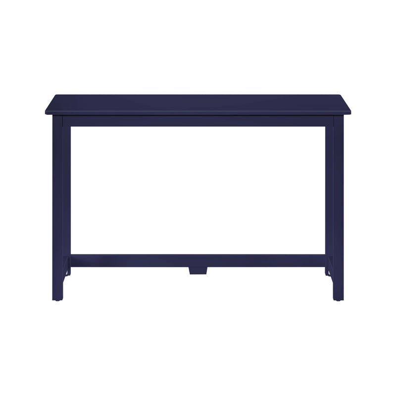 Close-up of navy blue wooden rectangular table with minimalist modern design and clean lines on white background