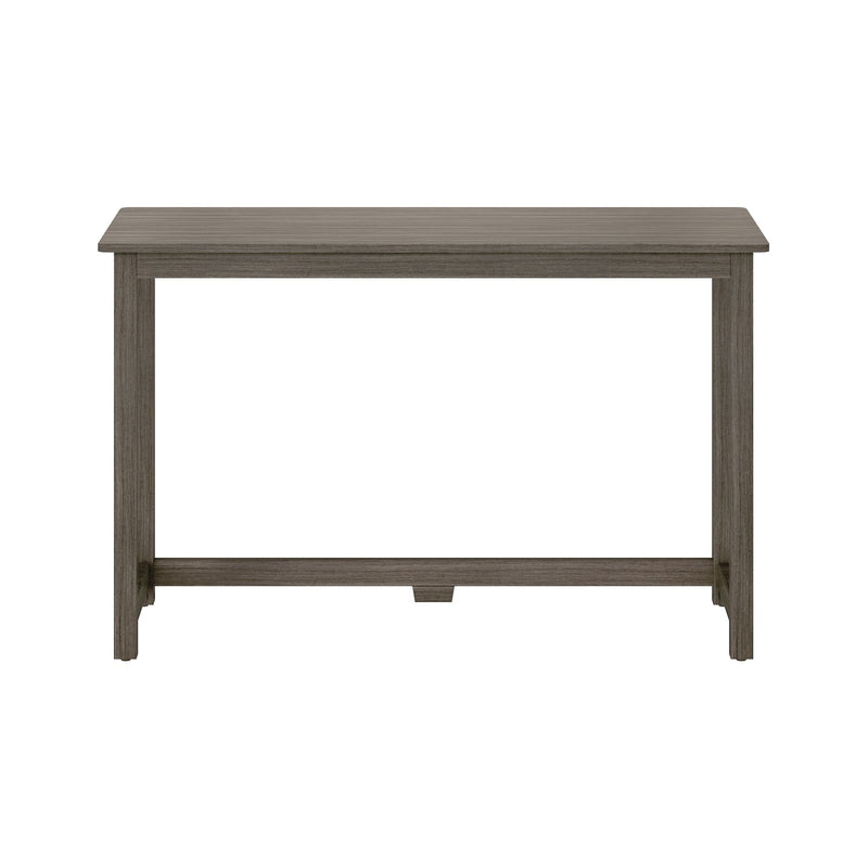 Weathered gray wood console table with rectangular top, straight legs and lower stretcher, rustic modern entryway or small writing desk