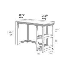 Illustration of a modern desk with dimensions: 47.25 inches long, 19.75 inches wide, 29.75 inches tall, featuring two side shelves.