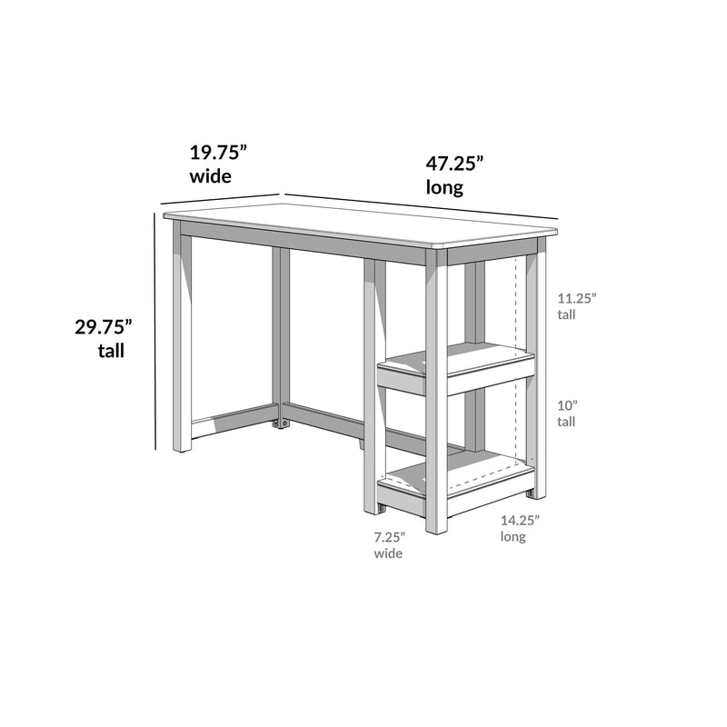 Space-saving home office writing desk with two open side shelves — line drawing and dimensions: 47.25 in long, 19.75 in wide, 29.75 in tall; side shelf heights 11.25 in and 10 in, shelf depth 14.25 in and width 7.25 in.