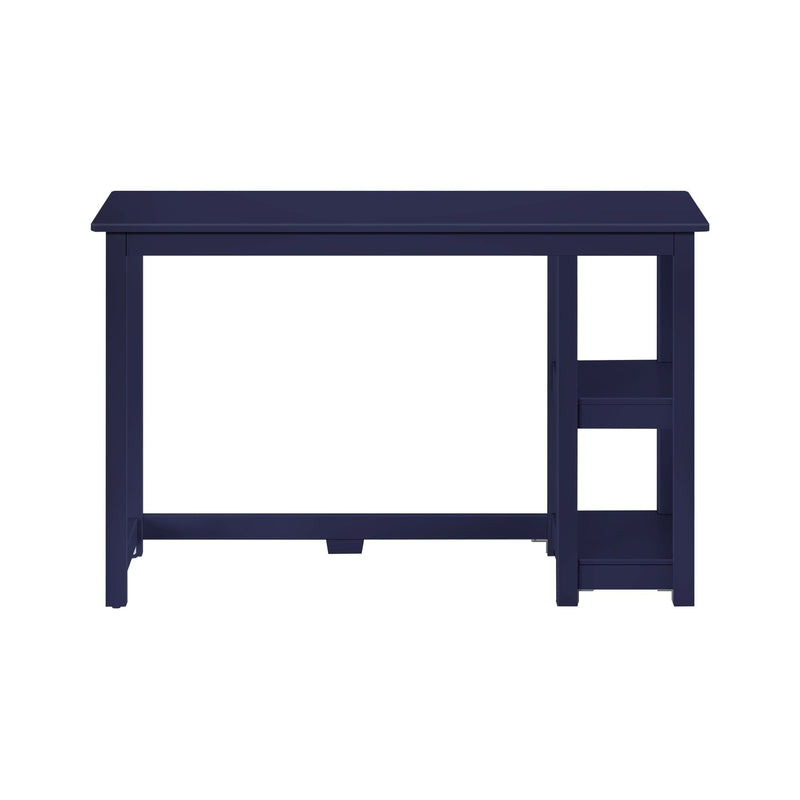 Navy blue writing desk with right-side open shelves, compact modern home office desk on white background