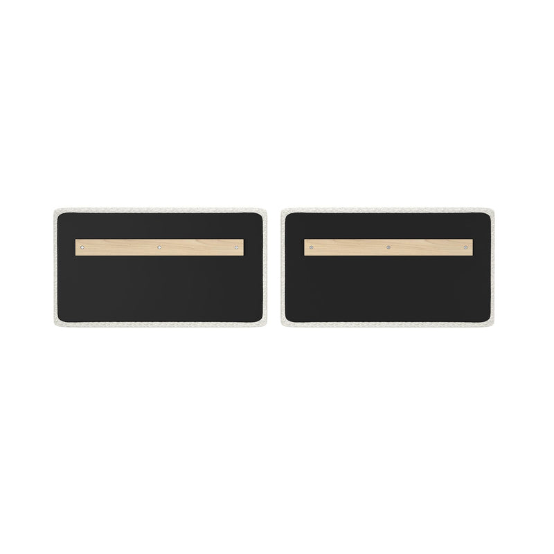 Pair of rectangular black fabric acoustic panels with white felt trim and horizontal light-wood mounting rails