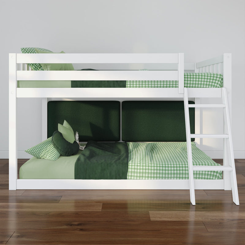 White wooden loft bunk bed with ladder and green gingham bedding in a modern kids bedroom interior