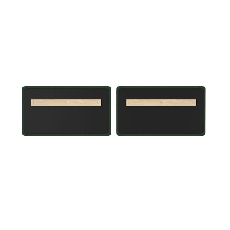 Pair of rectangular black panels with dark green trim and horizontal light wood mounting strips secured by screws on white background