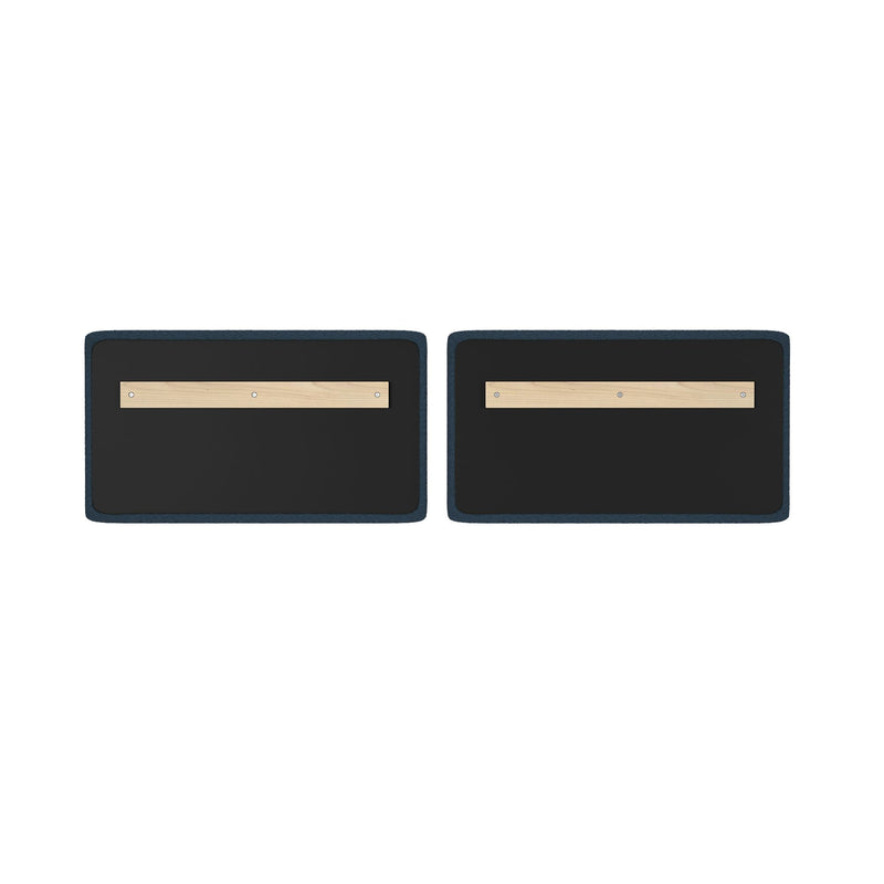 Pair of rectangular fabric-wrapped acoustic wall panels with black centers, teal borders and wooden mounting strips with screws displayed side-by-side on a white background