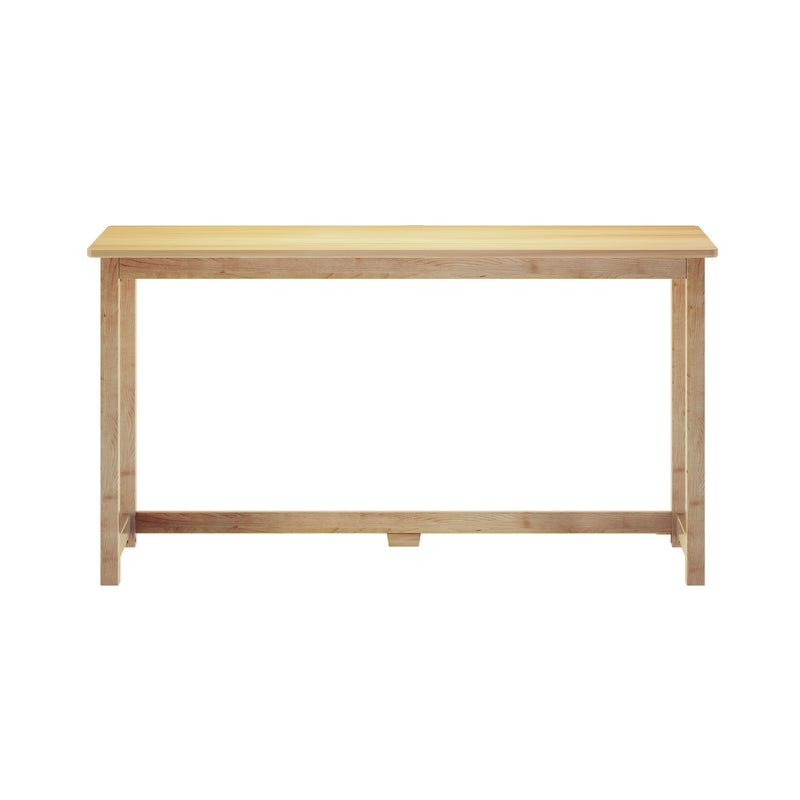 Light natural wood dining table with rectangular tabletop and simple square legs on white background, minimalist solid wood kitchen table
