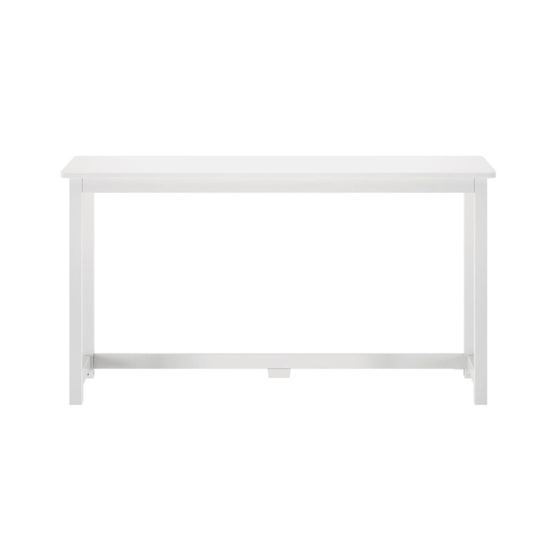 White minimalist rectangular writing desk with straight legs and bottom stretcher, modern home office table on white background