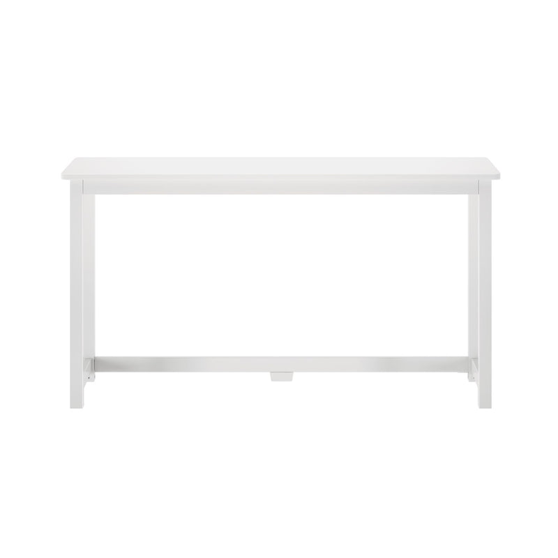 Minimalist white rectangular dining table with smooth top and straight legs on white background