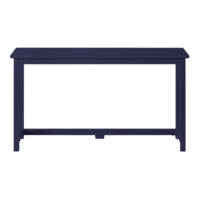Navy blue wooden console table rectangular entryway sofa table with simple farmhouse design and stretcher base on white background