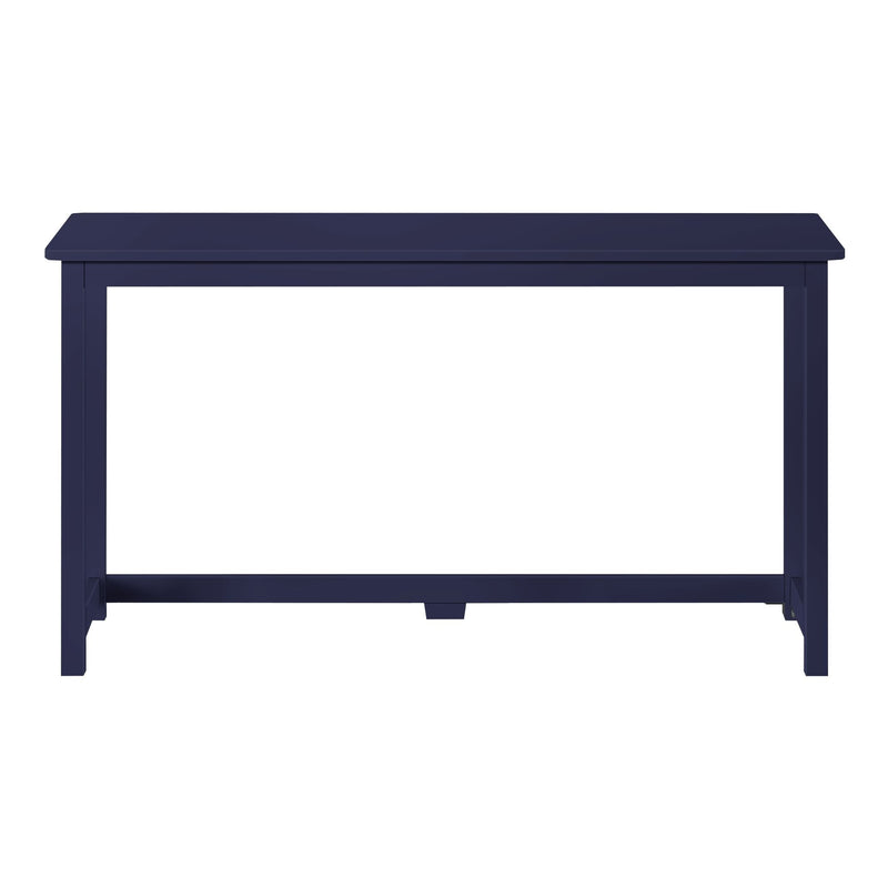 Navy blue rectangular wooden table with straight legs and lower stretcher, minimalist modern dining table on white background