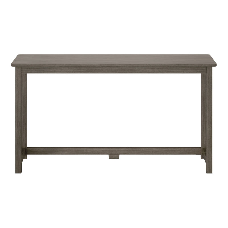 Gray wood console table with rectangular top and stretcher base, simple modern farmhouse entryway accent or desk table
