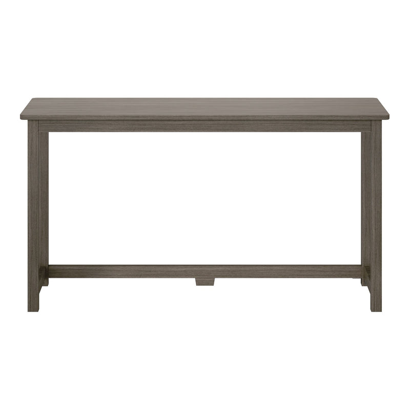 Rustic gray-brown wood rectangular dining table with straight legs and center stretcher, isolated on white background