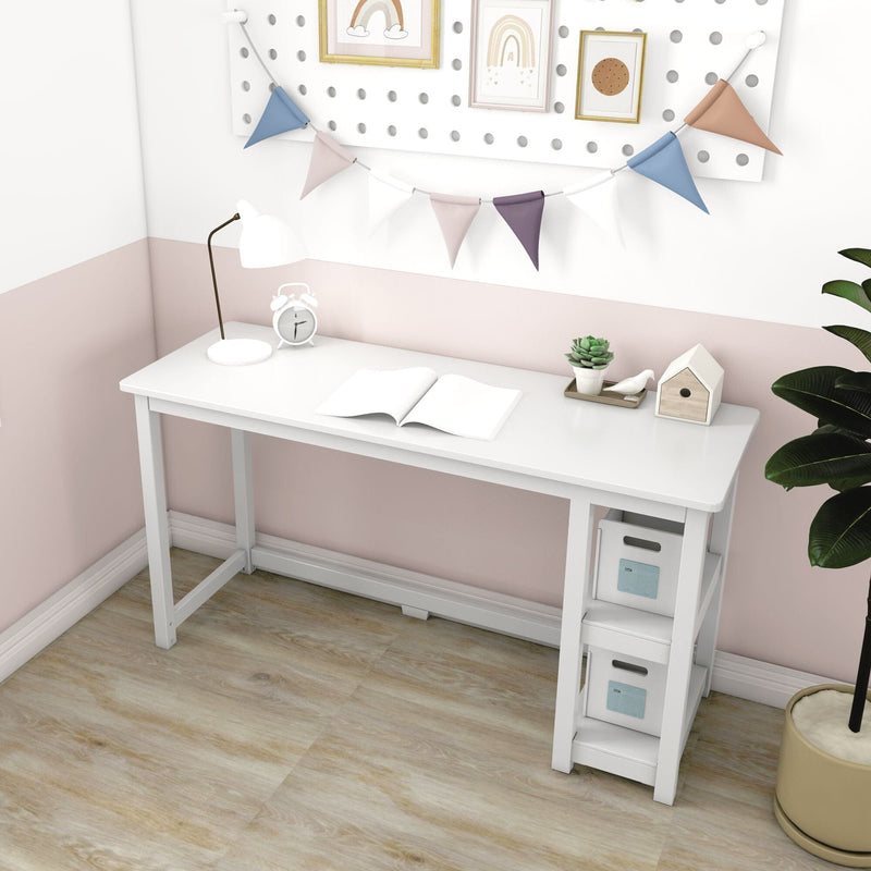 White modern study desk with side storage shelves, lamp, alarm clock, open notebook and succulent under pegboard wall bunting in pastel pink kids room