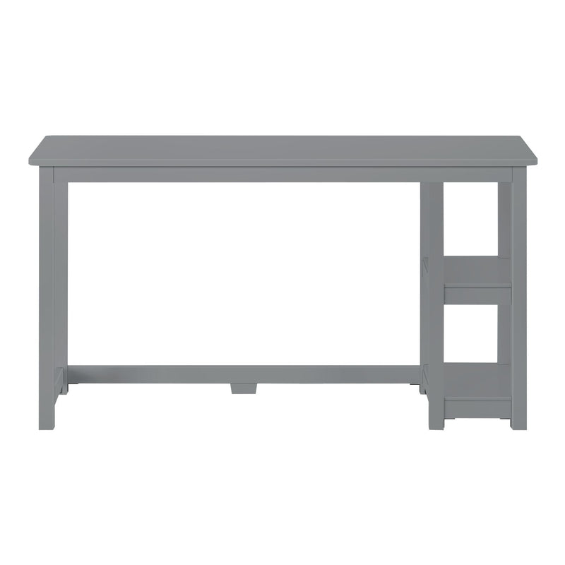 Gray wooden writing desk with rectangular top and built-in open shelves on the right, compact modern home office desk