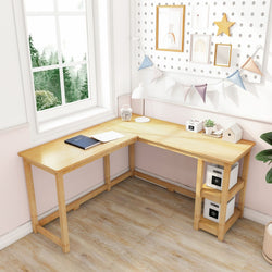 L-shaped wooden desk with office supplies in a modern home office setup by a window.