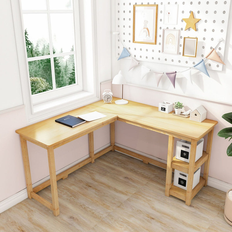 Bright children's study nook with natural wood L-shaped desk under a window, white pegboard wall with framed art and pastel bunting, lamp and alarm clock