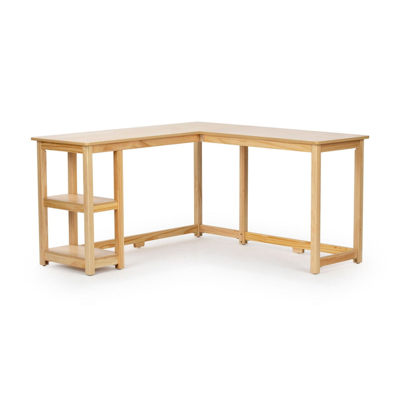 L-shaped light wood corner desk with open shelving and minimalist frame on white background, compact natural pine home office workstation