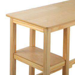 Natural wooden table with two lower shelves for storage and minimalist design.