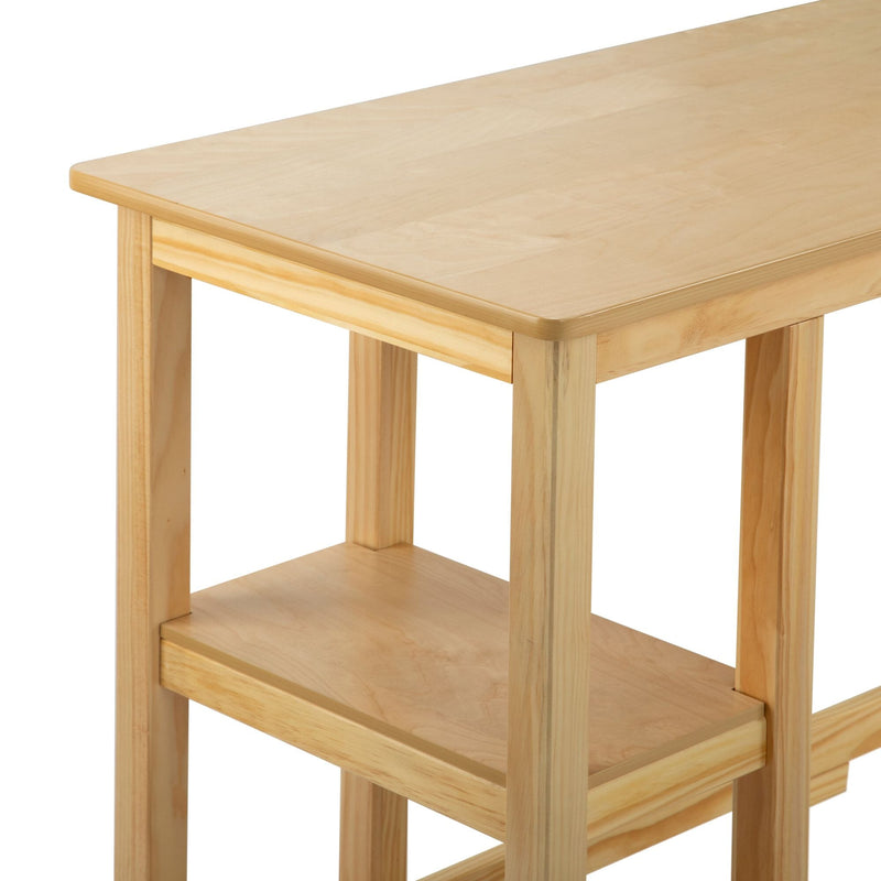 Natural wooden table with two lower shelves for storage and minimalist design.