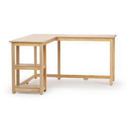 Wooden L-shaped office desk with built-in shelves for home workspace organization.