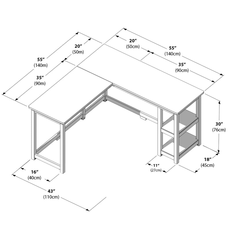 Isometric diagram of L-shaped corner desk with open shelves and metal frame showing dimensions 55" x 35" x 30" (140cm x 90cm x 76cm)