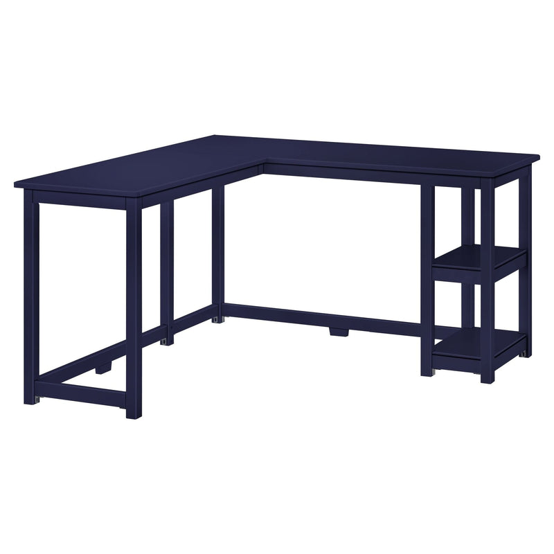 Navy blue L-shaped corner desk with metal frame, large workspace and two open storage shelves, modern home office computer desk