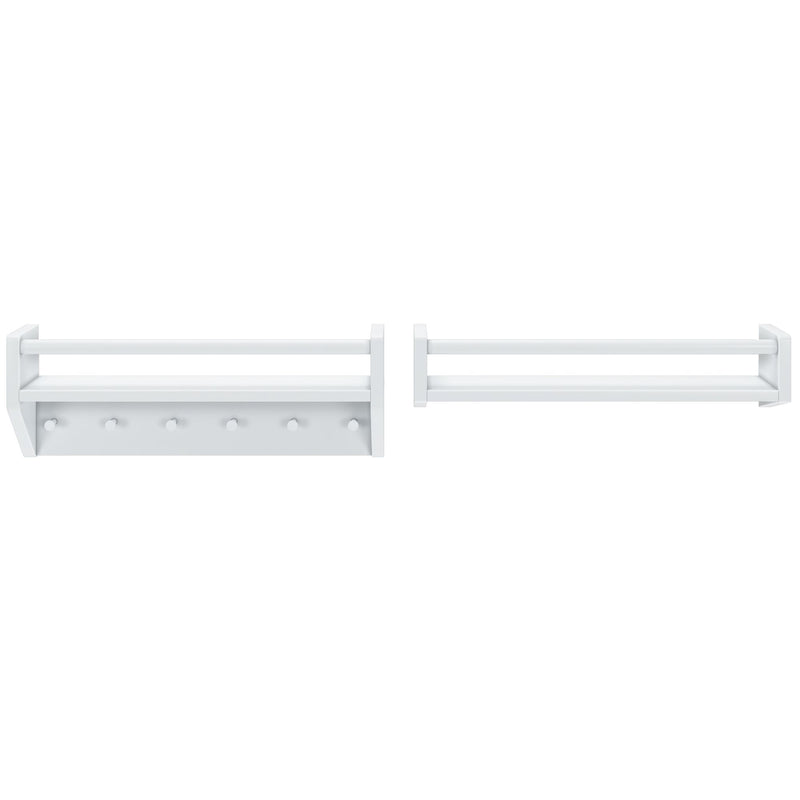 White wall-mounted towel rack set with upper shelf and six hooks, modern bathroom storage and organization