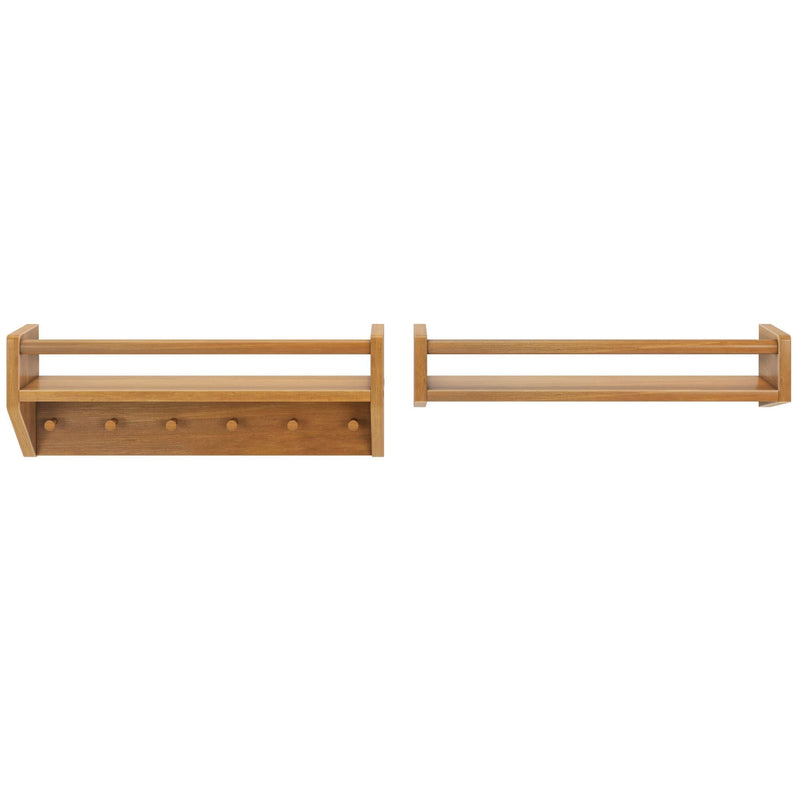 Natural wood wall-mounted shelves with pegs for hanging, perfect for minimalist home decor and storage solutions.