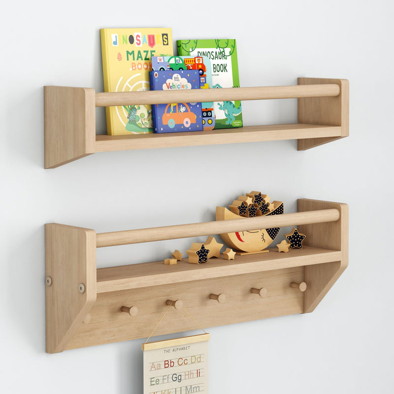 Wooden wall shelf in nursery displaying colorful children's books (dinosaurs, vehicles, maze) and wooden star toys
