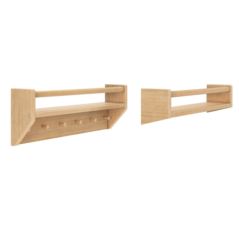 Set of two natural oak floating wall shelves with top rail and peg hooks, minimalist entryway storage and coat rack