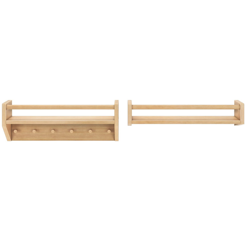 Wooden wall-mounted shelves with hooks for home organization.