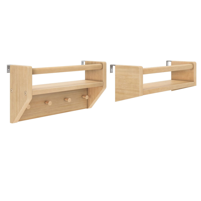 Pair of natural light wood wall-mounted floating shelves with safety rails and peg hooks, modern entryway organizer and coat rack