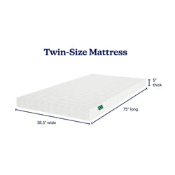 Twin-size mattress dimensions: 38.5 inches wide, 75 inches long, 5 inches thick, white color.