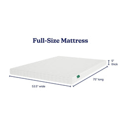 Full-size mattress dimensions illustration: 53.5 inches wide, 75 inches long, and 5 inches thick.