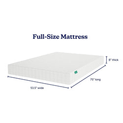 Full-size mattress with dimensions 75 inches long, 53.5 inches wide, and 8 inches thick.