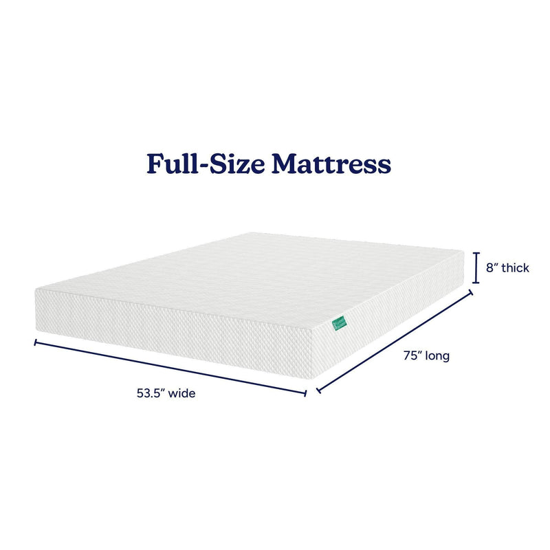 Full-size mattress 53.5 in wide x 75 in long x 8 in thick, white quilted cover, product photo on white background