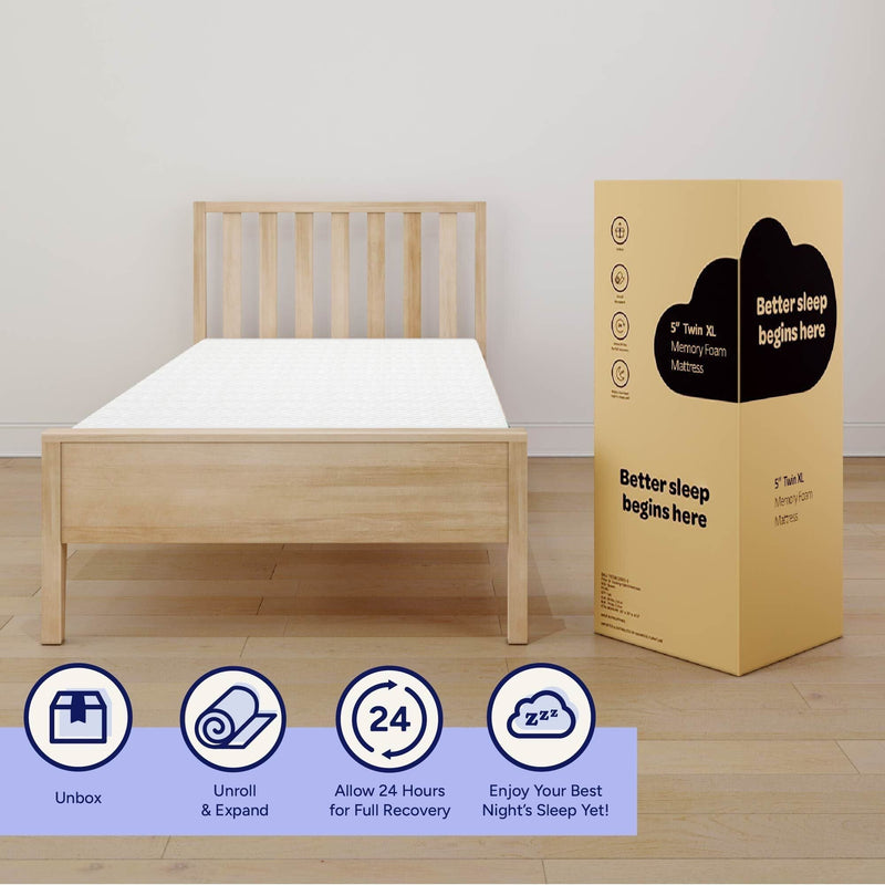 5" Twin XL memory foam mattress boxed beside natural wood bed frame with unbox, unroll & expand and 24-hour recovery instructions for better sleep