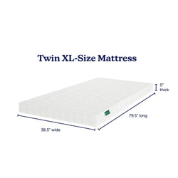 Twin XL size mattress dimensions: 79.5” long, 38.5” wide, 5” thick, perfect for extra comfort and space.