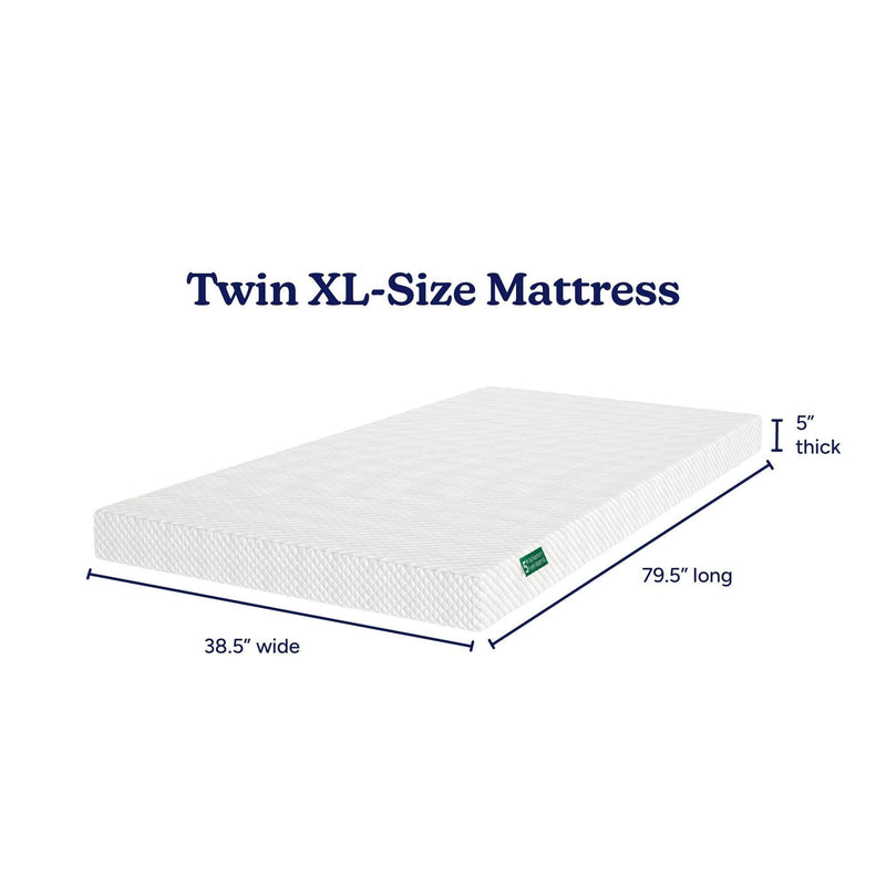 Twin XL mattress 5-inch thick, white quilted cover, dimensions 38.5 in wide x 79.5 in long, product image with labeled measurements