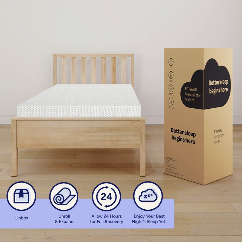 Twin XL memory foam mattress on light wooden bed frame next to boxed "Better sleep begins here" mattress-in-a-box with unbox and 24-hour recovery icons