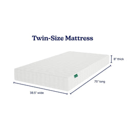 Twin-size mattress dimensions illustration showing 38.5 inches wide, 75 inches long, and 8 inches thick.
