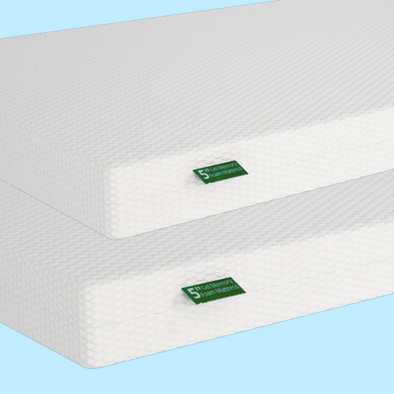 Memory foam mattresses with textured white covers on a light blue background.