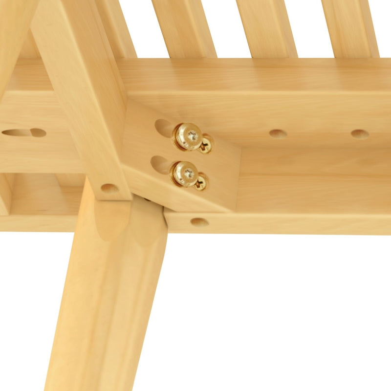 Close-up of a wooden table joint with visible screws, showcasing sturdy construction and craftsmanship.
